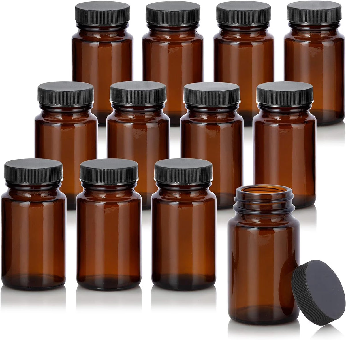 Amber Glass Bottle With Black Ribbed Lid (12 Pack) B832365