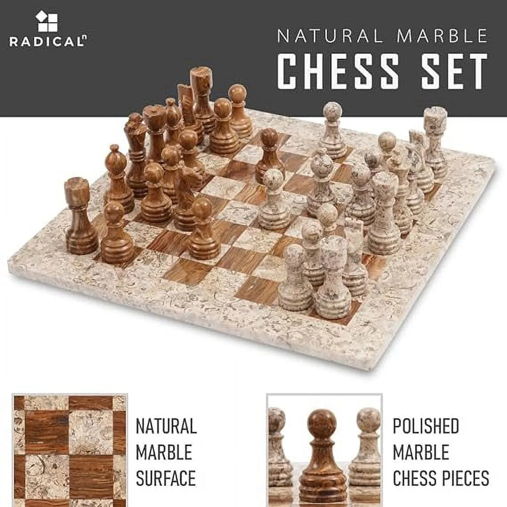 Marble Chess Set 15 Inches Fossil Coral and Dark Brown Handmade Chess Board with 32 Chess Pieces U483209