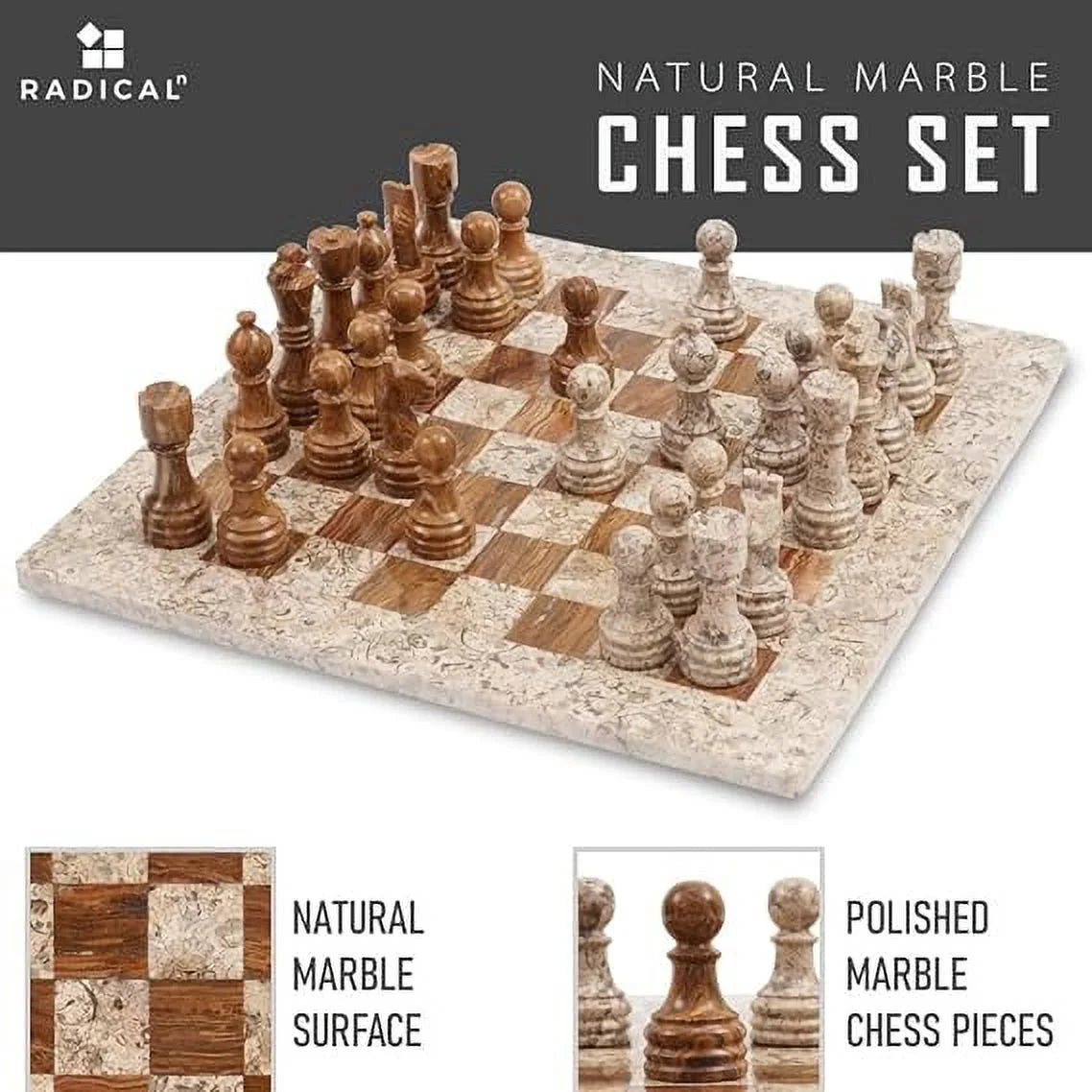 Marble Chess Set 15 Inches Fossil Coral and Dark Brown Handmade Chess Board with 32 Chess Pieces U483209