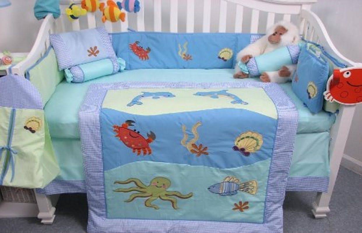 Dolphins Baby Crib Nursery Bedding Set 13 Pcs with Diaper Bag G67851