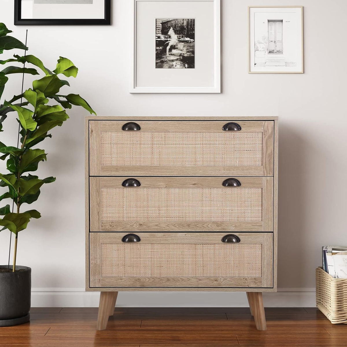3 Drawer Rattan Storage Cabinet with Pine Wood Legs R379