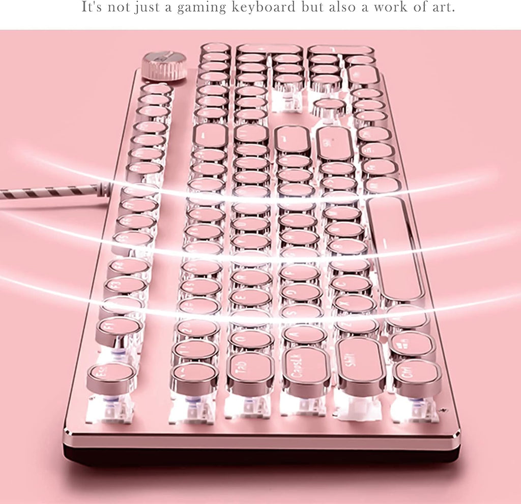 Pink Retro Typewriter-Style Wired Gaming Keyboard and Mouse Combo D9296