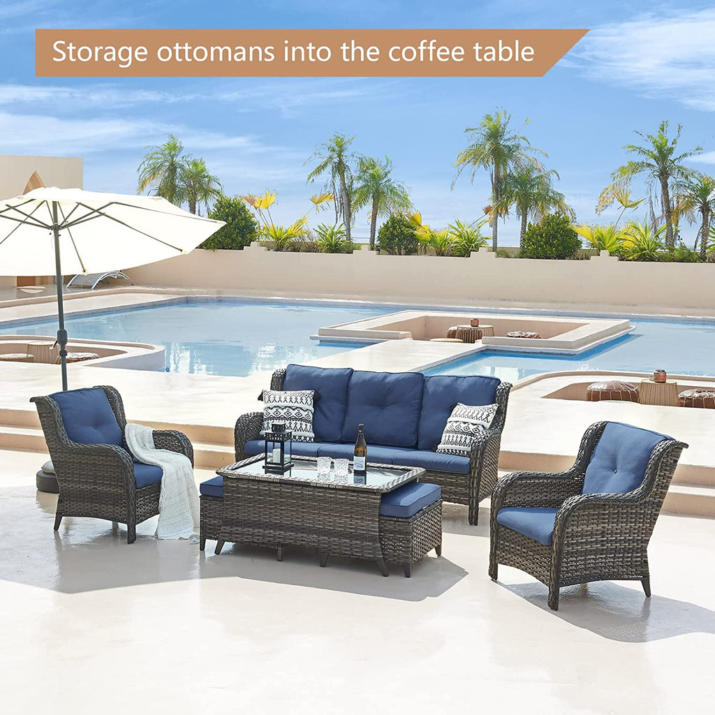 5 Piece Rattan Sectional Sofa Set with 3-Seat Couch 2 Armchairs 2 Ottoman Footrests Grey/Blue A193
