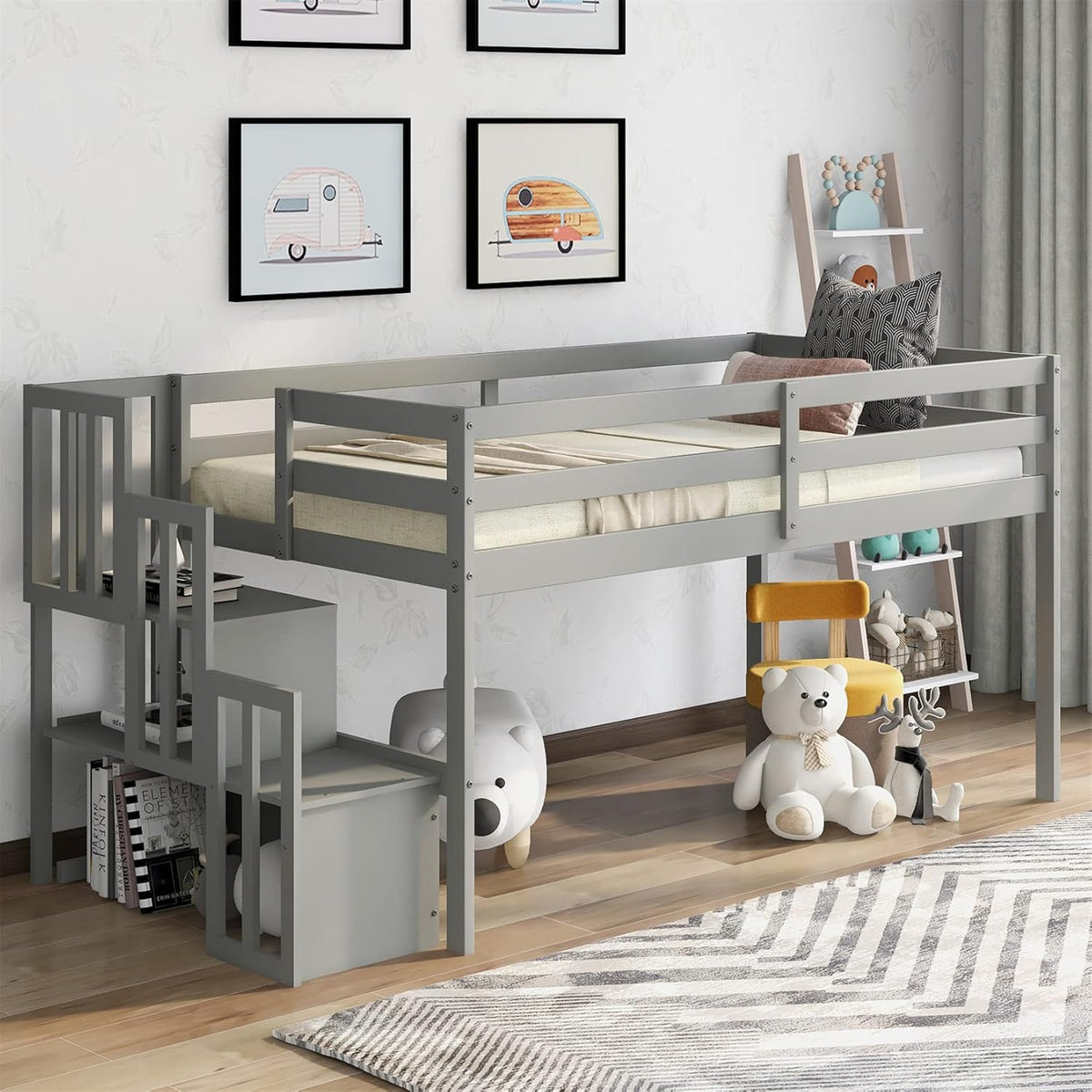 Twin Wooden Loft Bed with Slide, Cabinet Drawers and Book Shelves A7035
