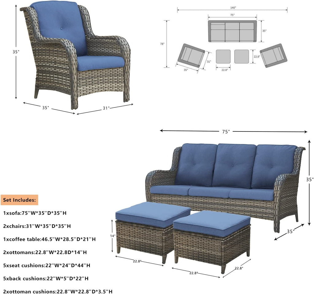 5 Piece Rattan Sectional Sofa Set with 3-Seat Couch 2 Armchairs 2 Ottoman Footrests Grey/Blue A193