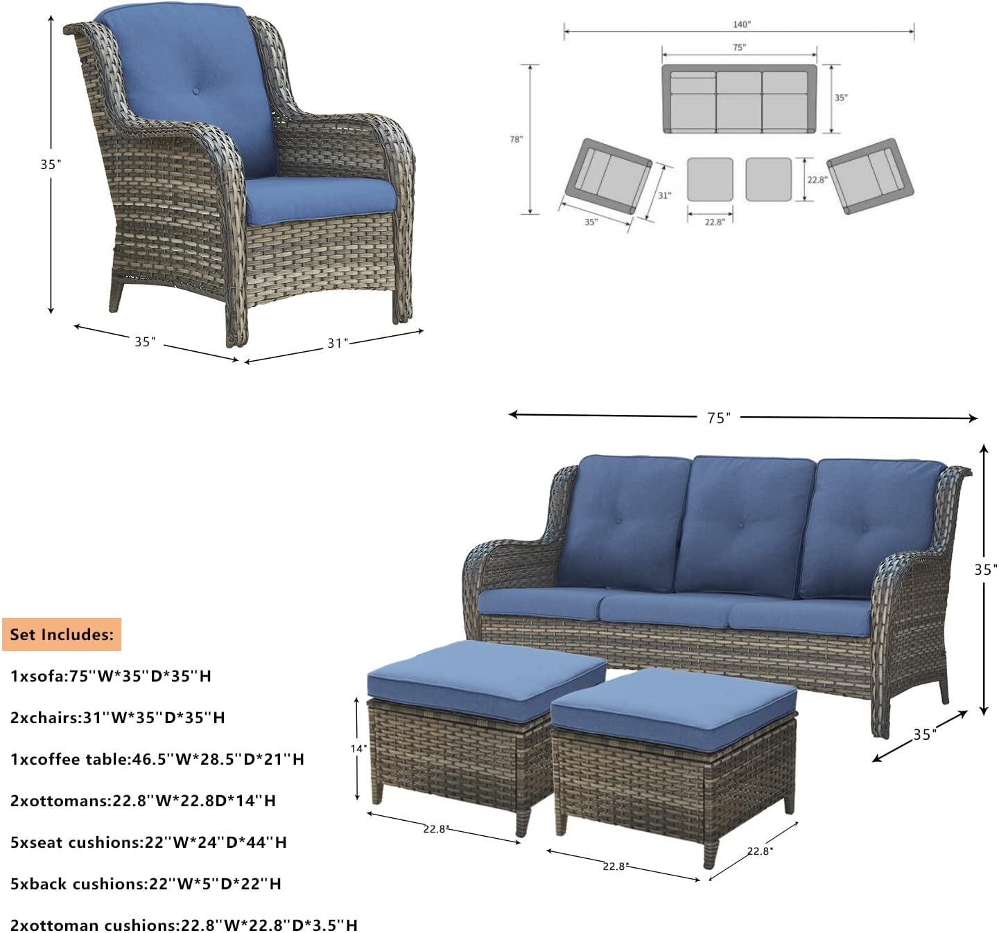 5 Piece Rattan Sectional Sofa Set with 3-Seat Couch 2 Armchairs 2 Ottoman Footrests Grey/Blue A193