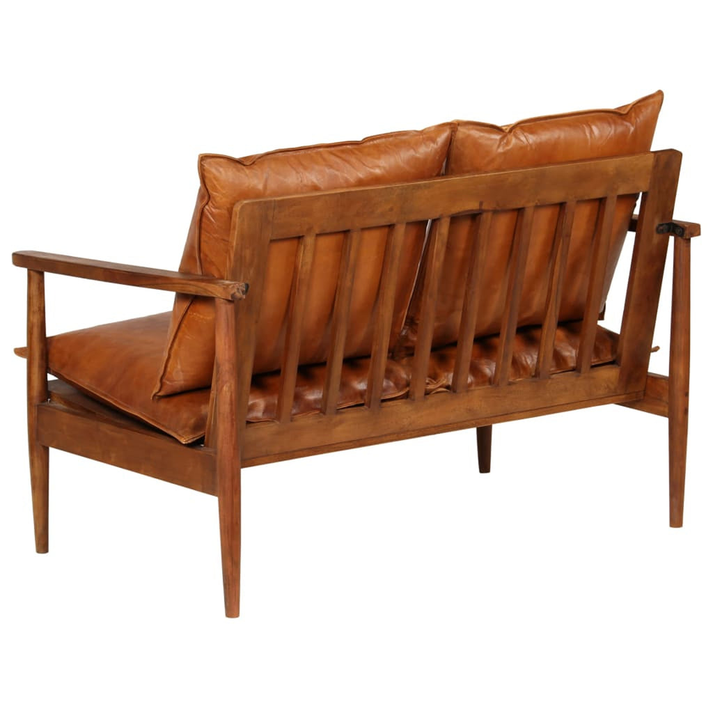 2-Seater Sofa Real Leather Acacia Wood Brown Y93463