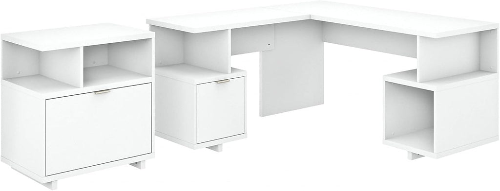 Pure White L Shaped Desk with Lateral File Cabinet W876