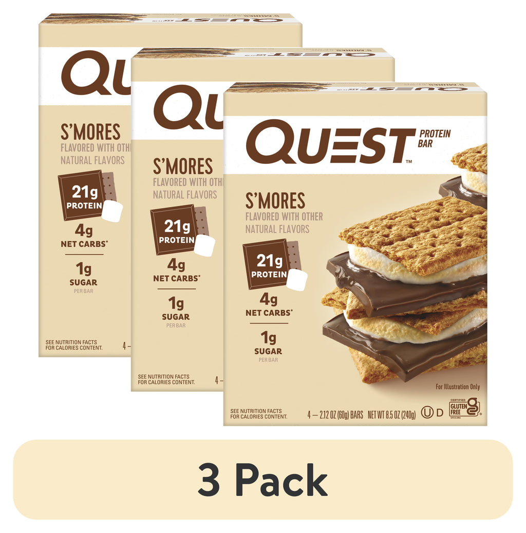 (3 pack) Quest Protein Bar, Smores, 20g Protein, Gluten Free, 4 Ct N189
