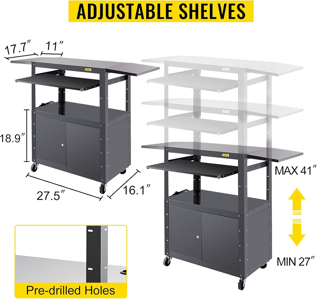 Height Adjustable Steel Media Cart with Locking Cabinet Z792