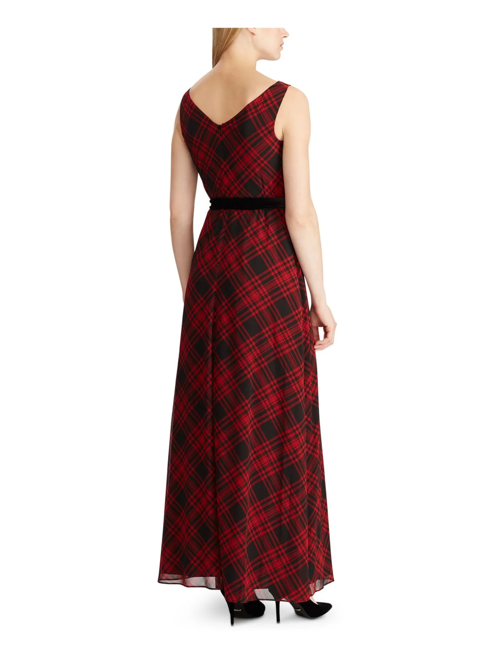 Black Plaid Sleeveless V Neck Maxi Sheath Dress O34495