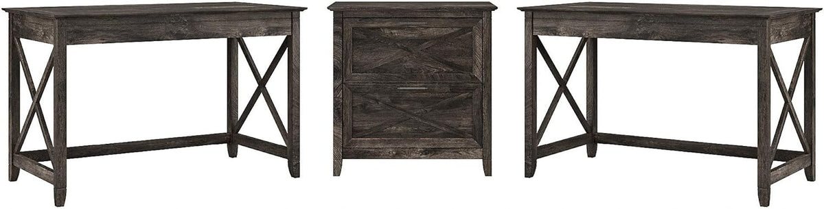 2 Person Desk Set with Lateral File Cabinet, Cape Cod Gray G260118