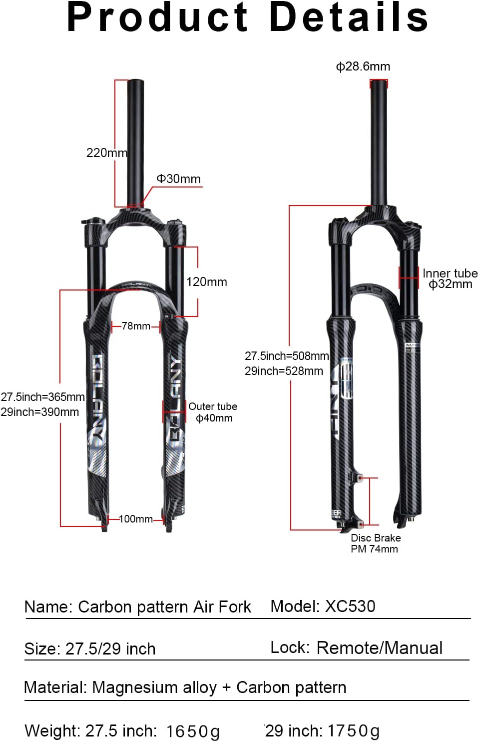 MTB Air Suspension Fork 27.5/29inch Magnesium Alloy Disc Brake M51800