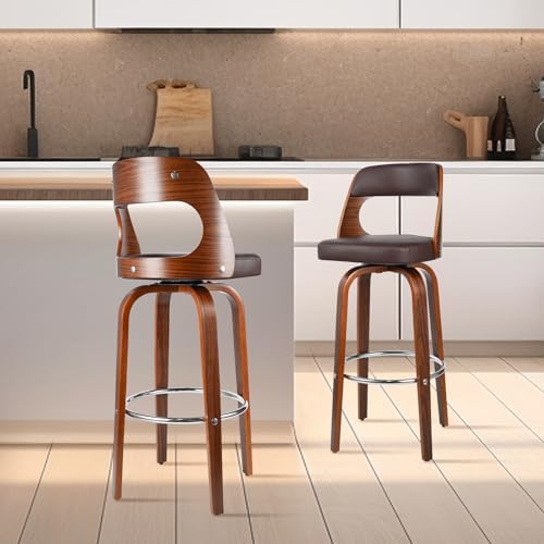Set of 2 PU Leather Swivel Barstools with Wooden Back and Legs N112