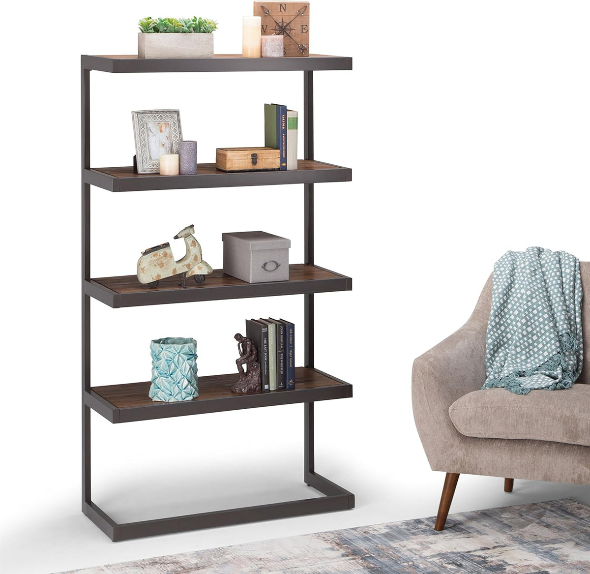 Rustic Natural Aged Brown Solid Acacia Wood and Metal 4 Shelves Bookcase W23345