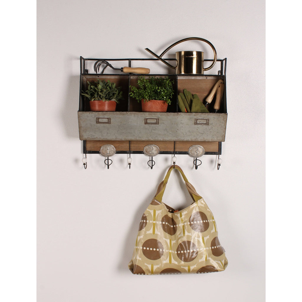 Antique White Wood and Metal Wall Storage Pockets with Hooks C96032