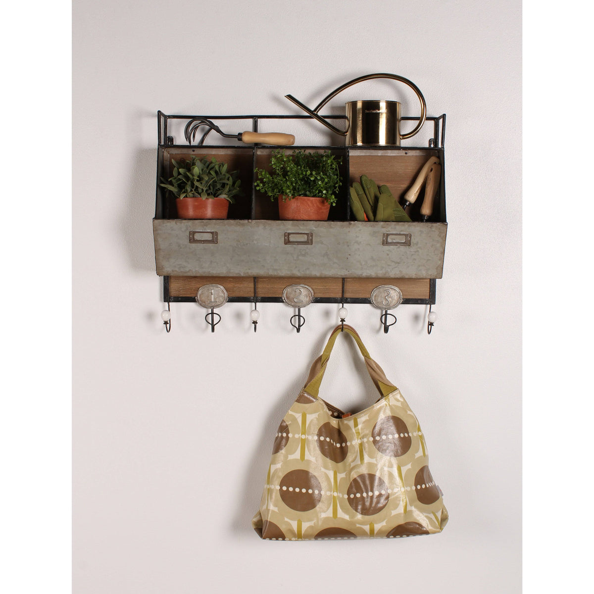 Antique White Wood and Metal Wall Storage Pockets with Hooks C96032