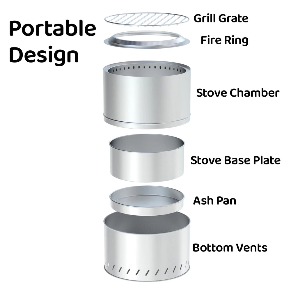 Portable Stainless Steel Smokeless Fire Pit with Removable Ash Pan and Travel Bag T252