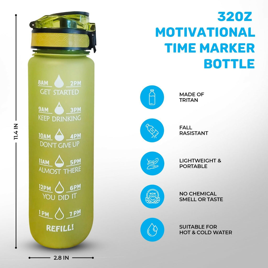 32 Oz Green Motivational Drinking Water Bottle With Time Marker R753