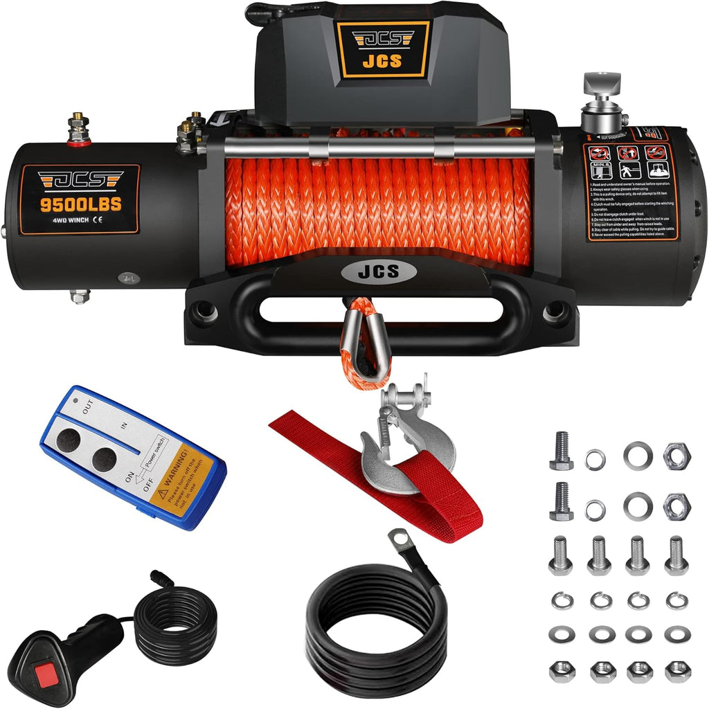 9500 lbs 12V Electric Winch Kit with Synthetic Rope, Waterproof Cover, Hawse Fairlead, Wireless and Corded Remote V2602