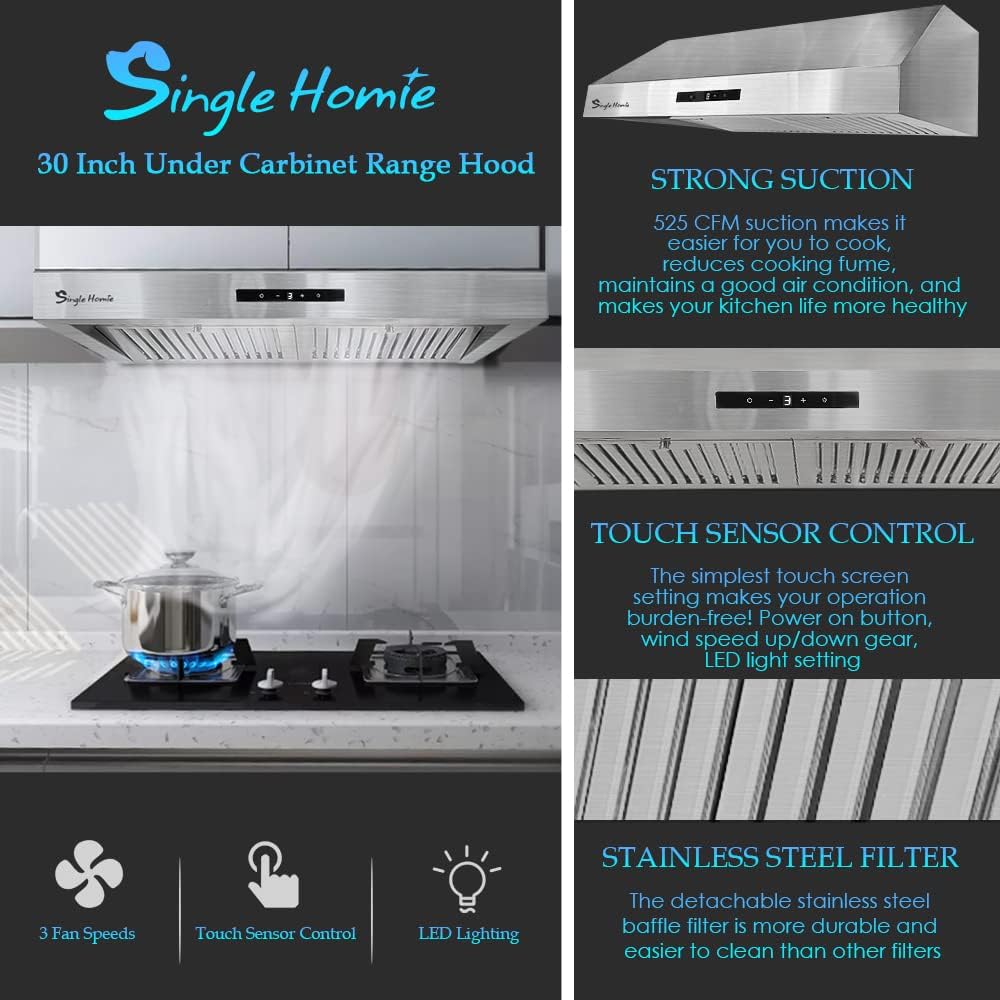 30 Inch Under Cabinet Range Hood, 525 CFM Stainless Steel Vent Hoods L29918