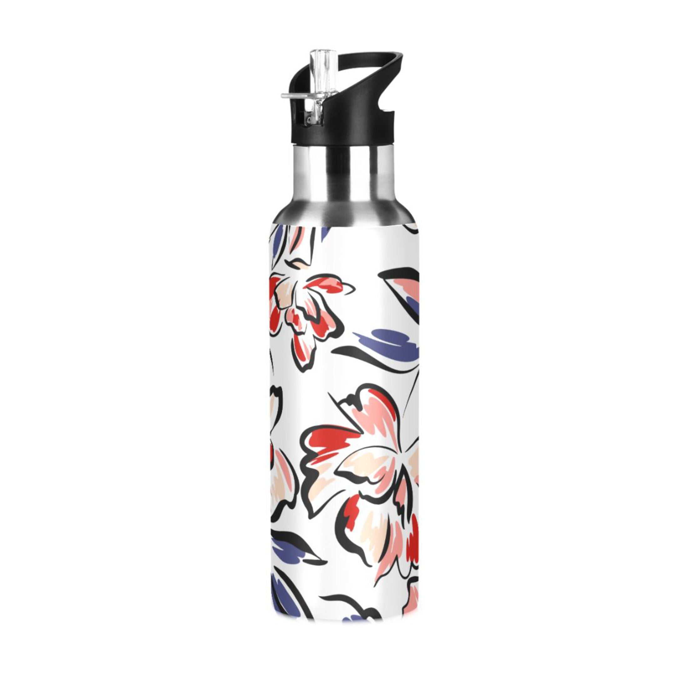 Retro Blue Flowers Stainless Steel Insulated Water Bottle with Straw Lid W42540