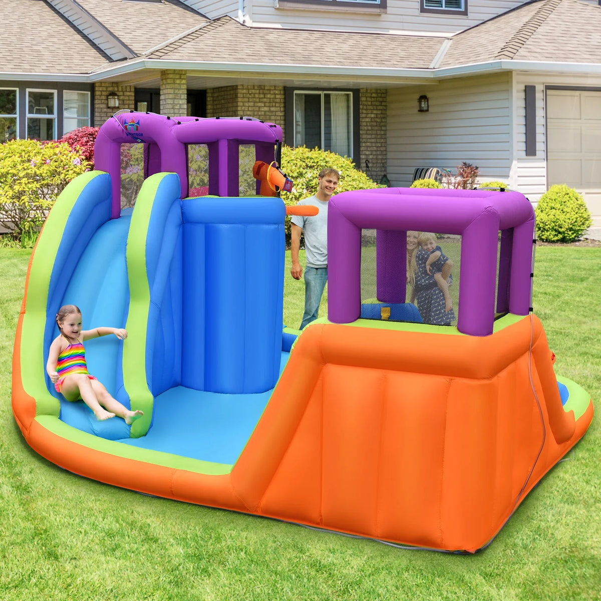 6 in 1 Inflatable Dual Slide Water Park Climbing Bouncer with 950W Blower R752