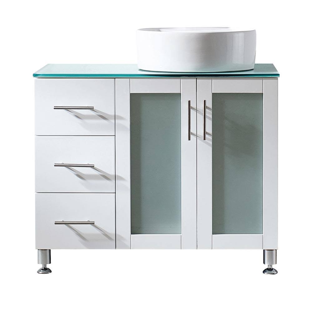 White Bath Vanity with Tempered Glass Vanity Top with White Vessel Sink J89704