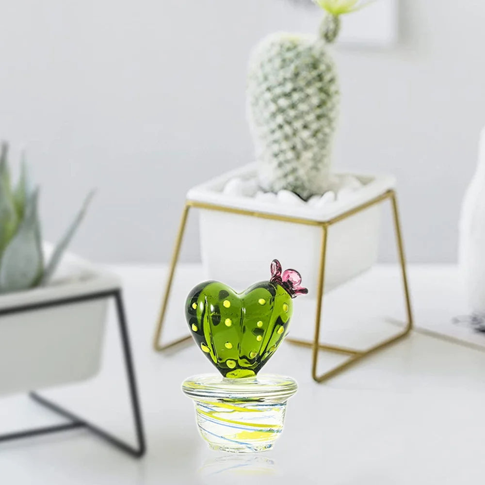 Handmade Blown Glass Cactus Figurines Desk Decorations F73627