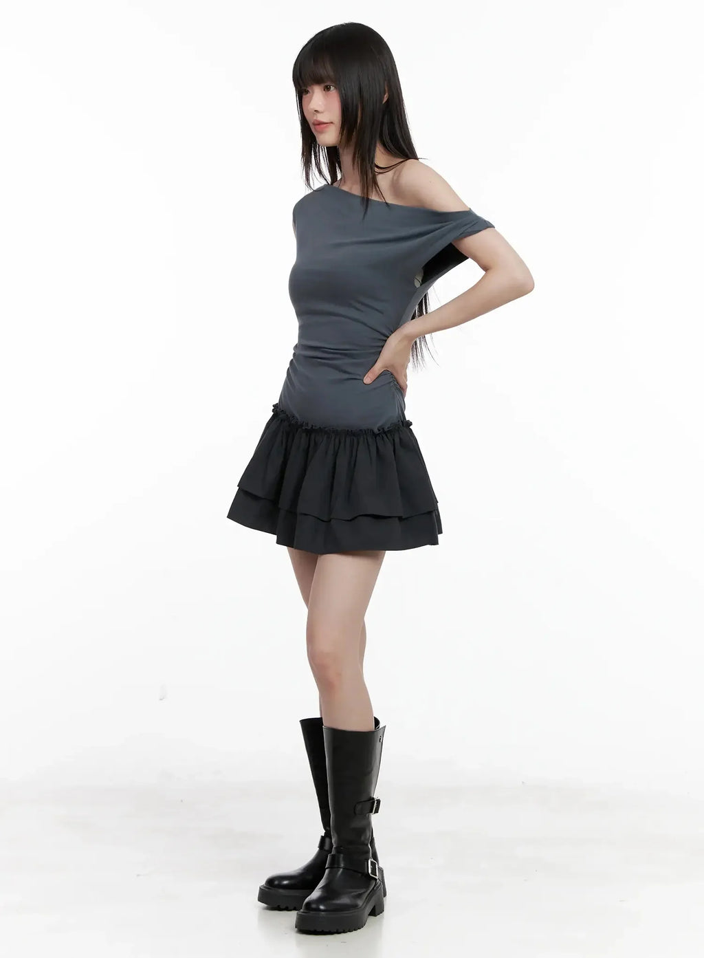 Asymmetrical Ruffle Off-Shoulder Dress IL531