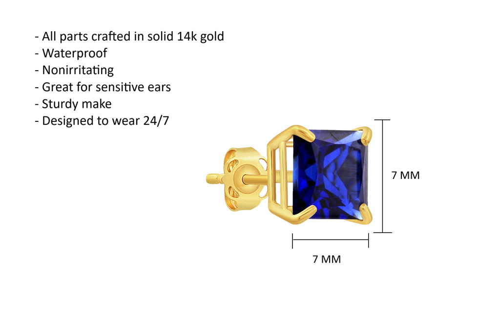 14k Yellow Gold Princess Cut Created Blue Sapphire Square Stud Earrings 7mm O304