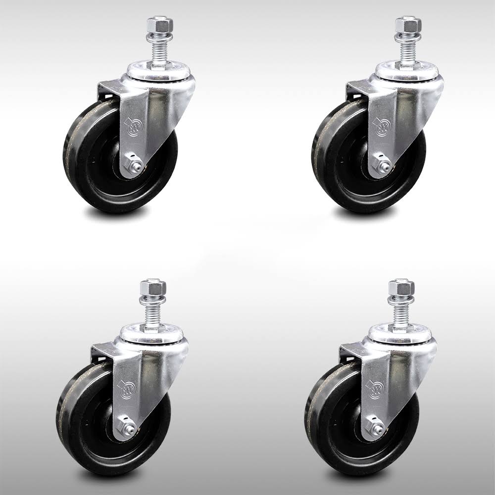 Set of 4 Black 4 inch x 1.25 inch Stainless Steel Swivel Threaded Stem Caster with 3/8 inch Stems B38770