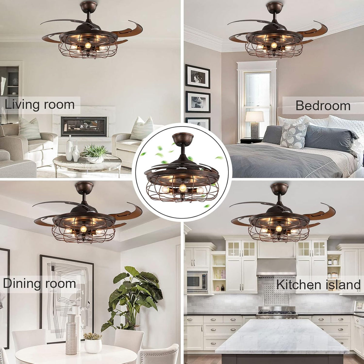 Retractable Industrial Ceiling Fan Light Chandelier with Remote Control Rusty 48 Inch 5 Light 4 Fan Blades Y679
