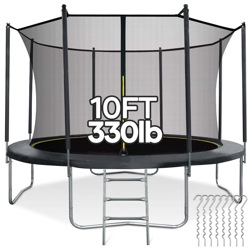 10FT Trampoline with Enclosure Net, Spring Cover, Ladder, Wind Stakes, 330lbs Weight Capacity R516
