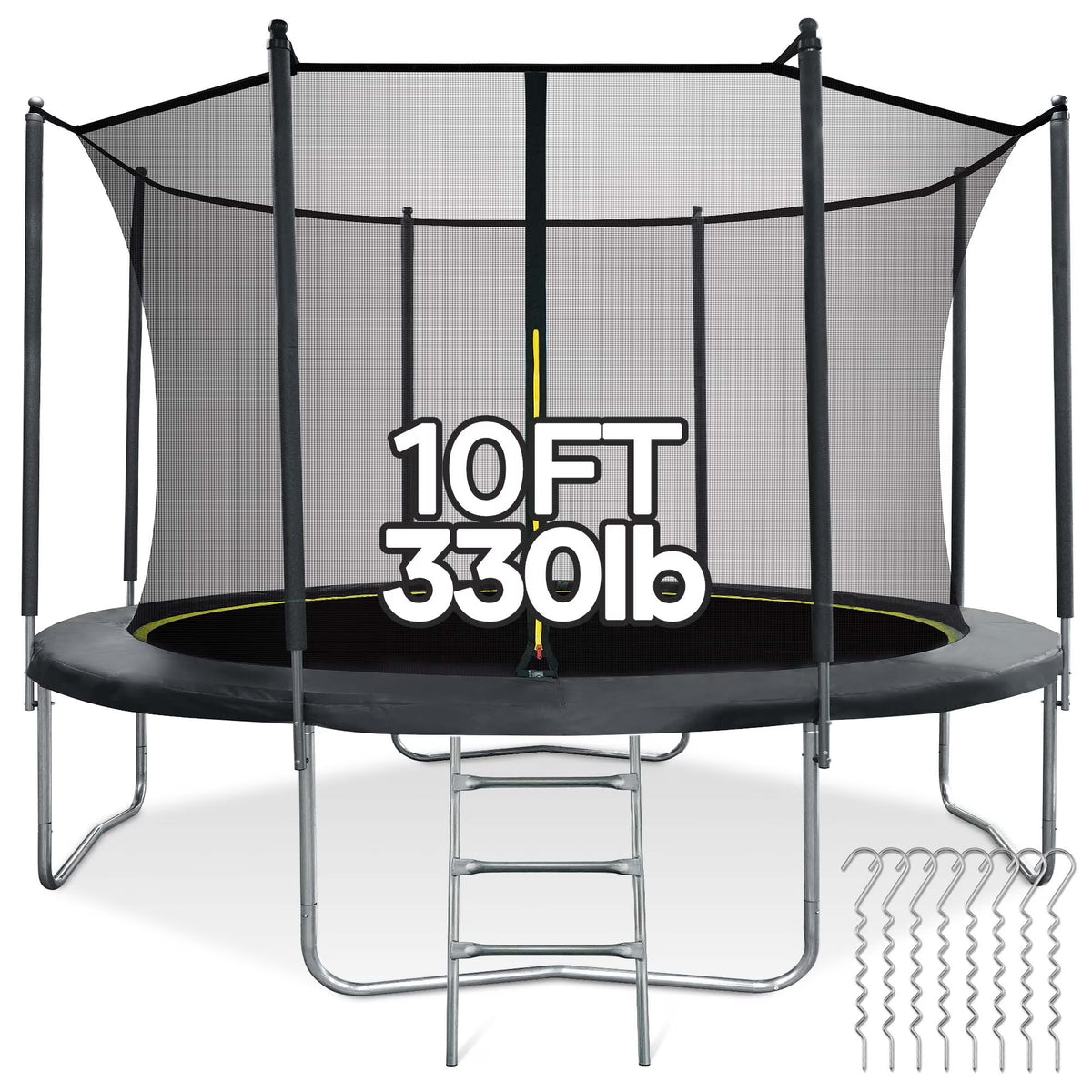 10FT Trampoline with Enclosure Net, Spring Cover, Ladder, Wind Stakes, 330lbs Weight Capacity R516
