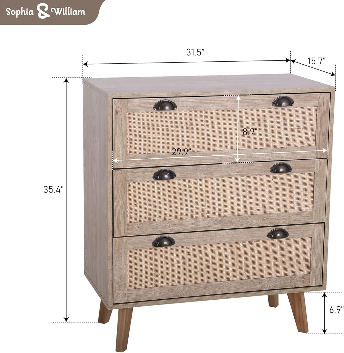 3 Drawer Rattan Storage Cabinet with Pine Wood Legs R379