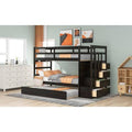 Solid Wood Twin Over Twin Bunk Bed with Trundle and Staircase, Espresso Z38815