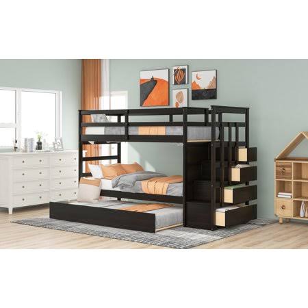 Solid Wood Twin Over Twin Bunk Bed with Trundle and Staircase, Espresso Z38815