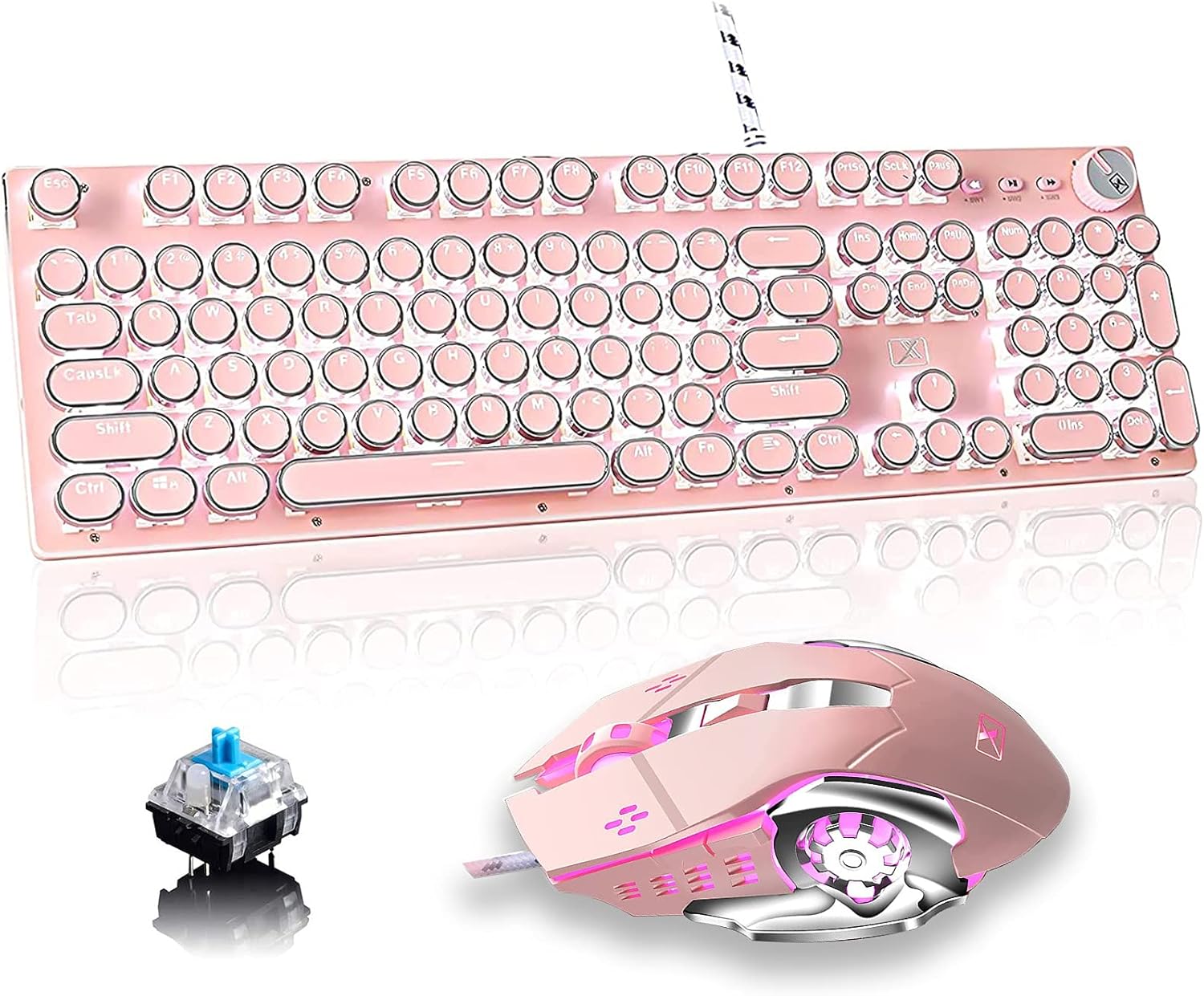Pink Retro Typewriter-Style Wired Gaming Keyboard and Mouse Combo D9296