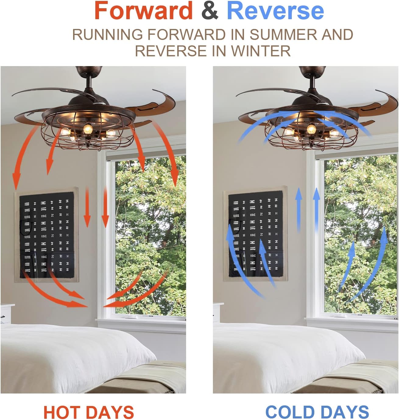 Retractable Industrial Ceiling Fan Light Chandelier with Remote Control Rusty 48 Inch 5 Light 4 Fan Blades Y679