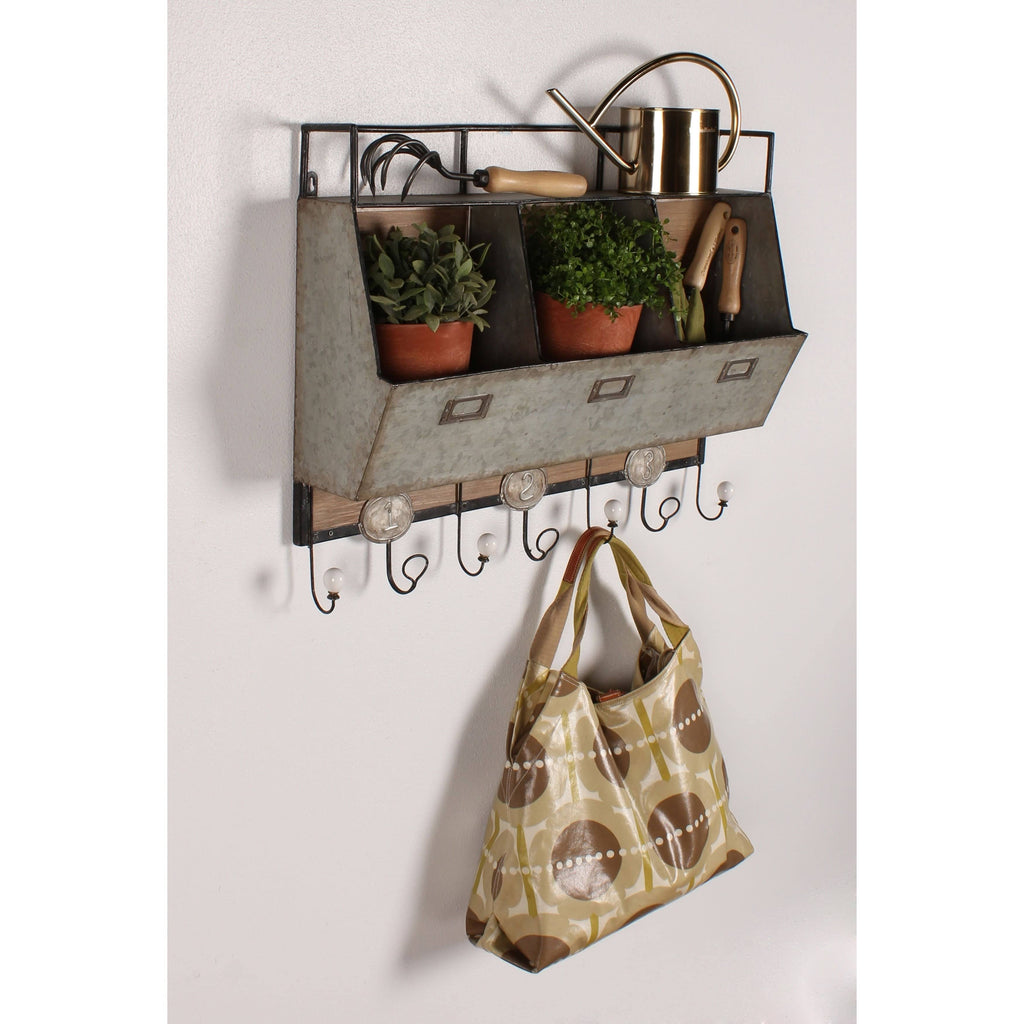 Antique White Wood and Metal Wall Storage Pockets with Hooks C96032