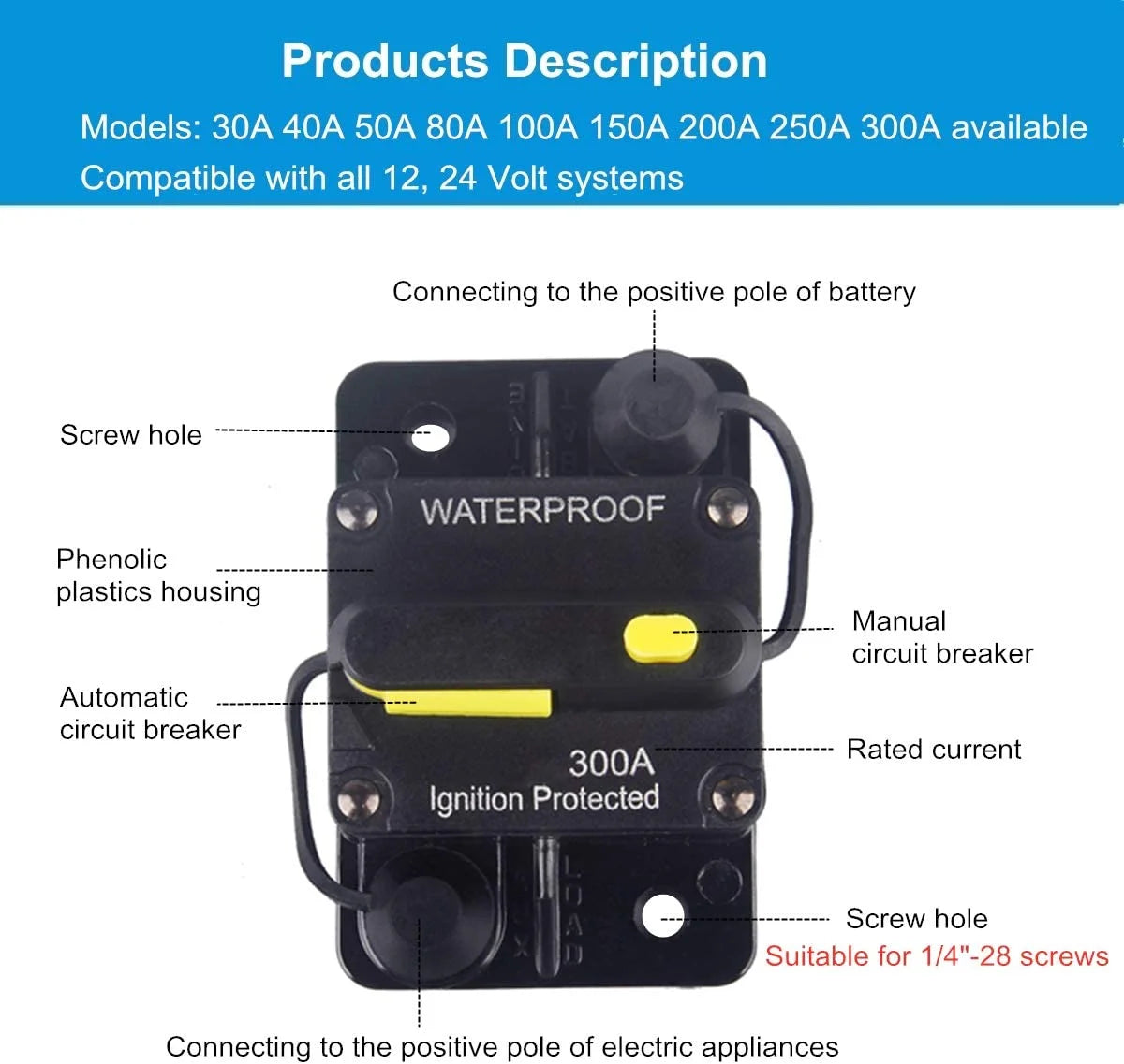 300 Amp Circuit Breaker DC 12V -48V Waterproof Manual Reset (300A) N724