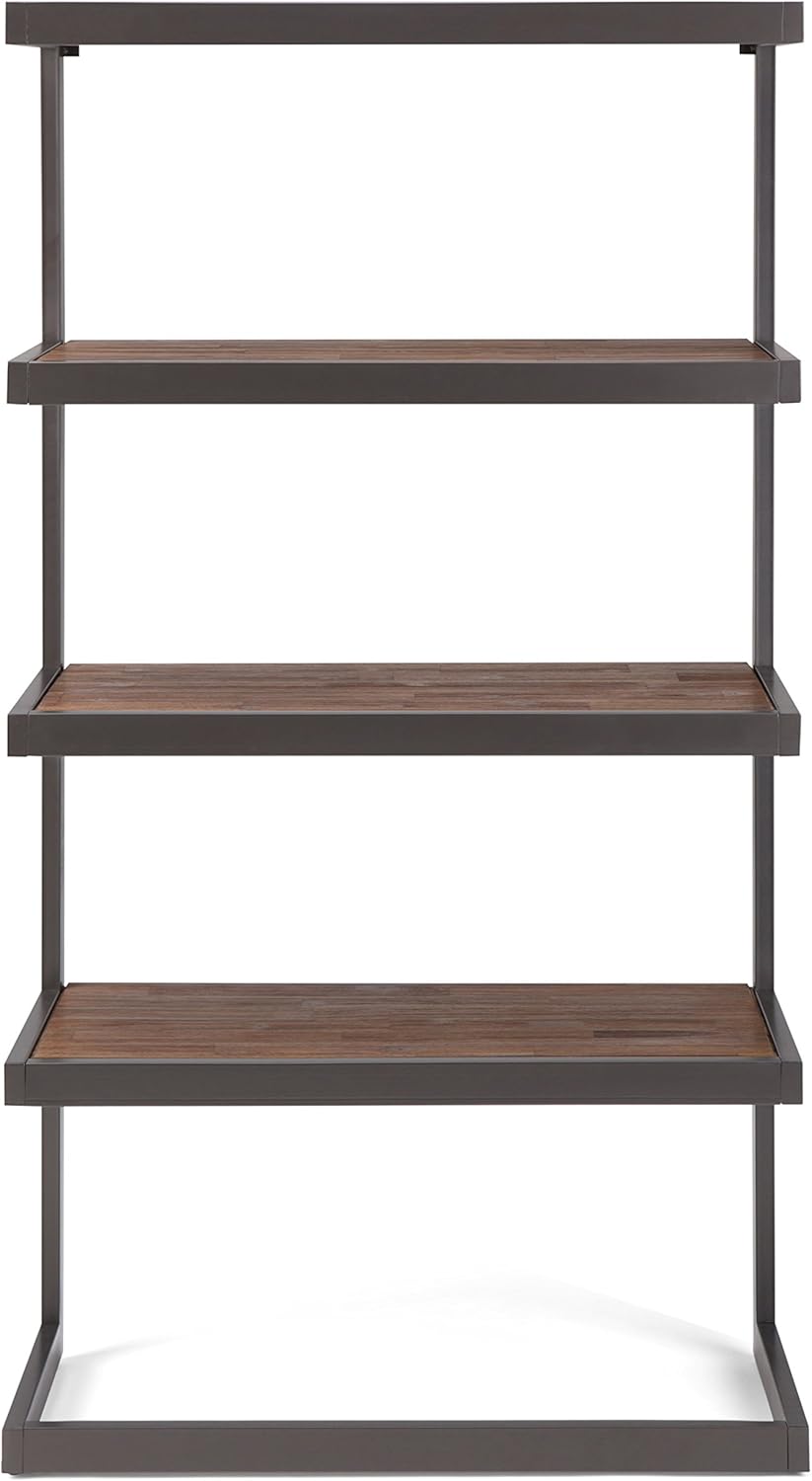Rustic Natural Aged Brown Solid Acacia Wood and Metal 4 Shelves Bookcase W23345