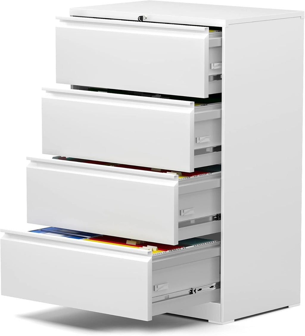 Metal 4 Drawer Lateral File Cabinet, Locking Office Filing Cabinet, Steel Files Cabinet (Black, 52'') K2336
