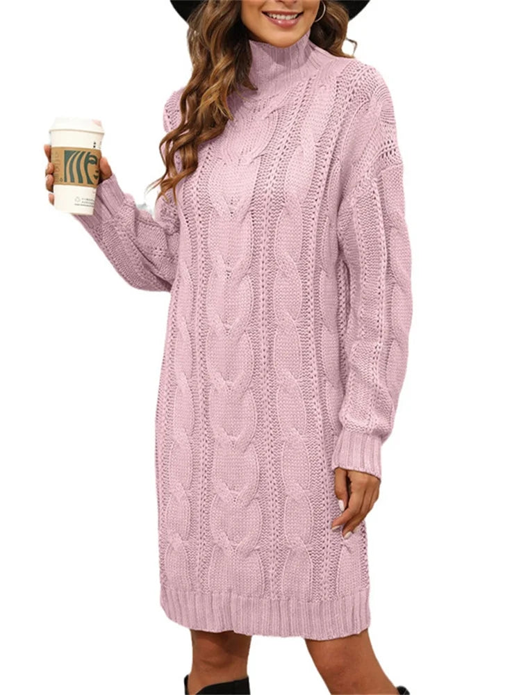 Turtleneck Cable Knit Long Sweater Dress L626208