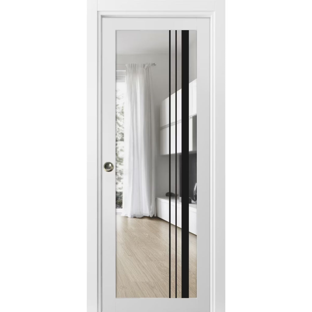 Solid Wood Sliding French Pocket Door 18 x 80 inches with Clear Glass I32163