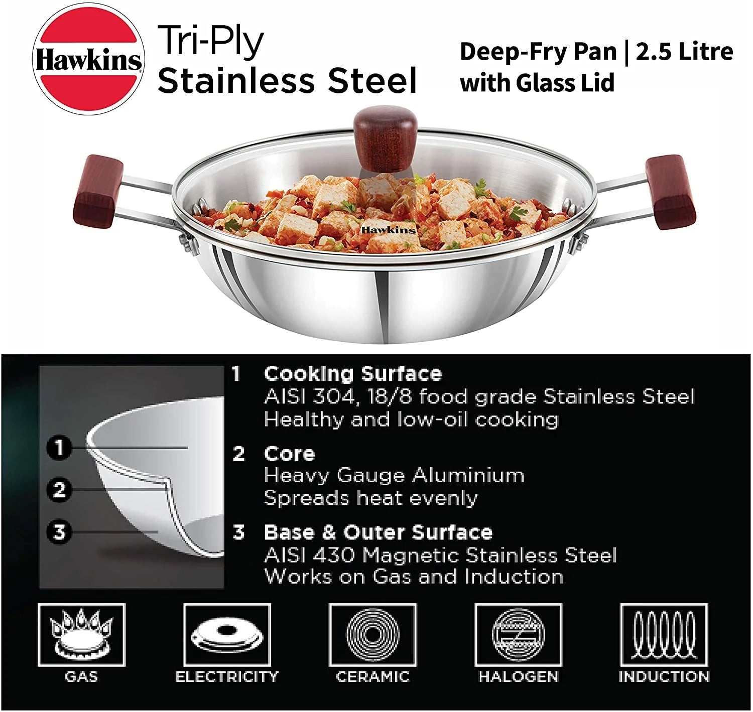 Stainless Steel Deep Fry Pan 2.5 LTR with Lid B491106