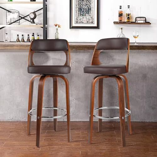 Set of 2 PU Leather Swivel Barstools with Wooden Back and Legs N112