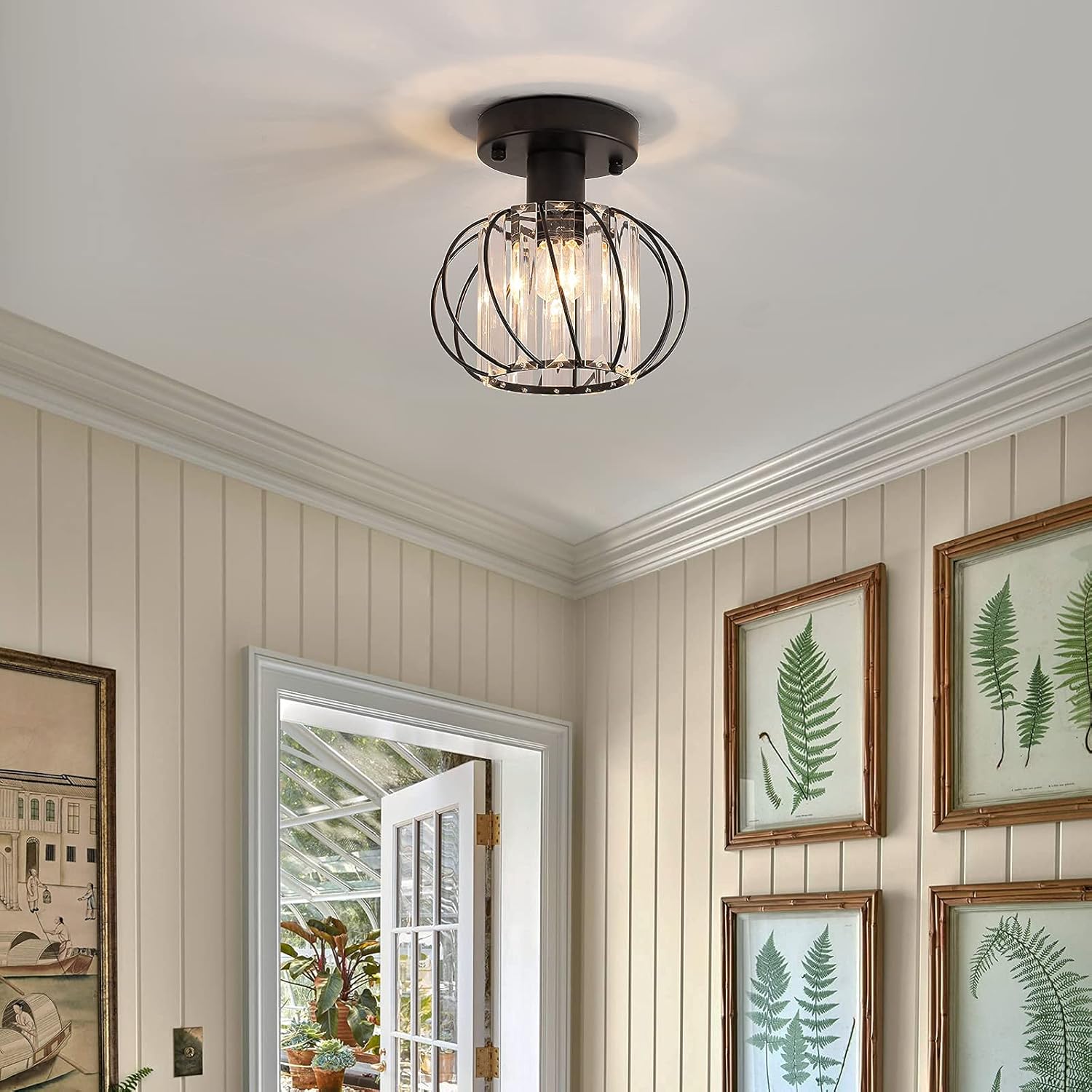 Semi Flush Mount Ceiling Light K9 Crystal Metal Cage Ceiling Lamp Fixture, E26 Y3791