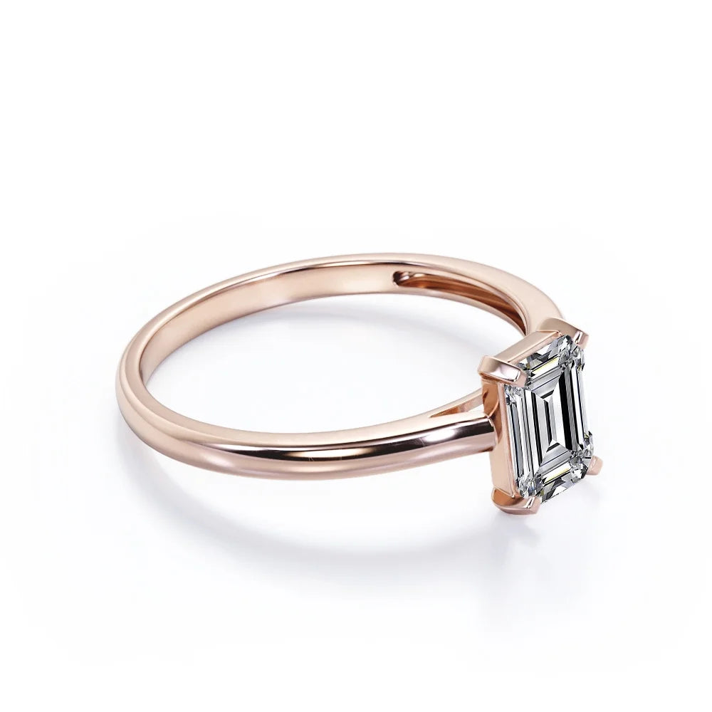 18K Rose Gold Plating Over Silver Emerald Cut Moissanite Solitaire Ring J66104